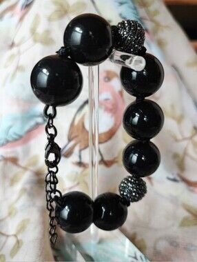 Black Lucite Hematite Rhinestone Gunmetal Oversized Bauble Bracelet EUC Amazing
